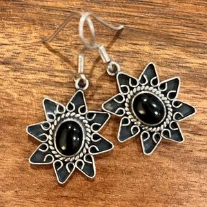 Vintage Sterling Onyx Cabochon Star Earring Dangles